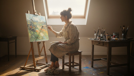 Woman painting in bright attic art studio