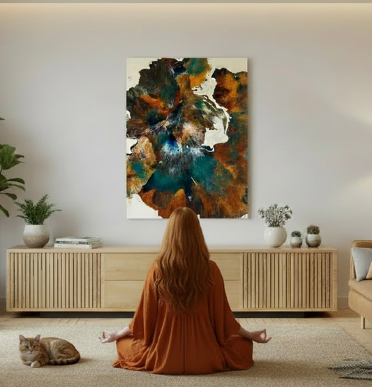 Woman painting in sunny attic art studio