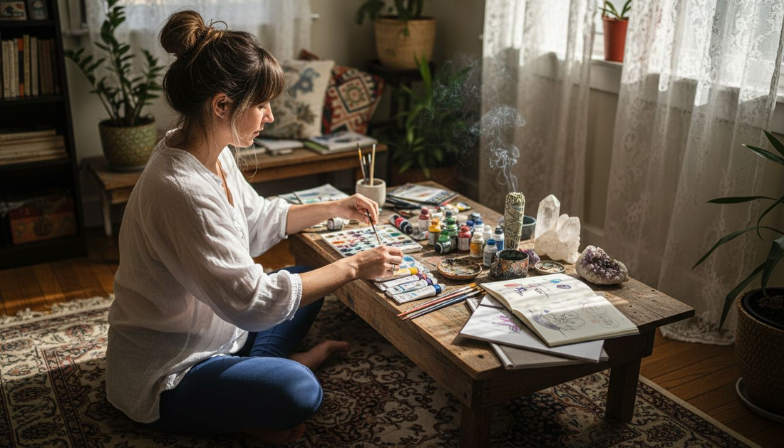Artist prepares cozy sacred workspace