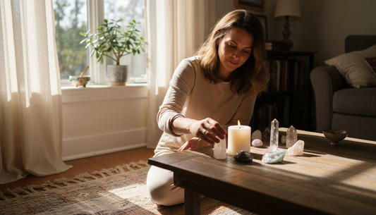 Woman arranging crystals in sacred healing space
