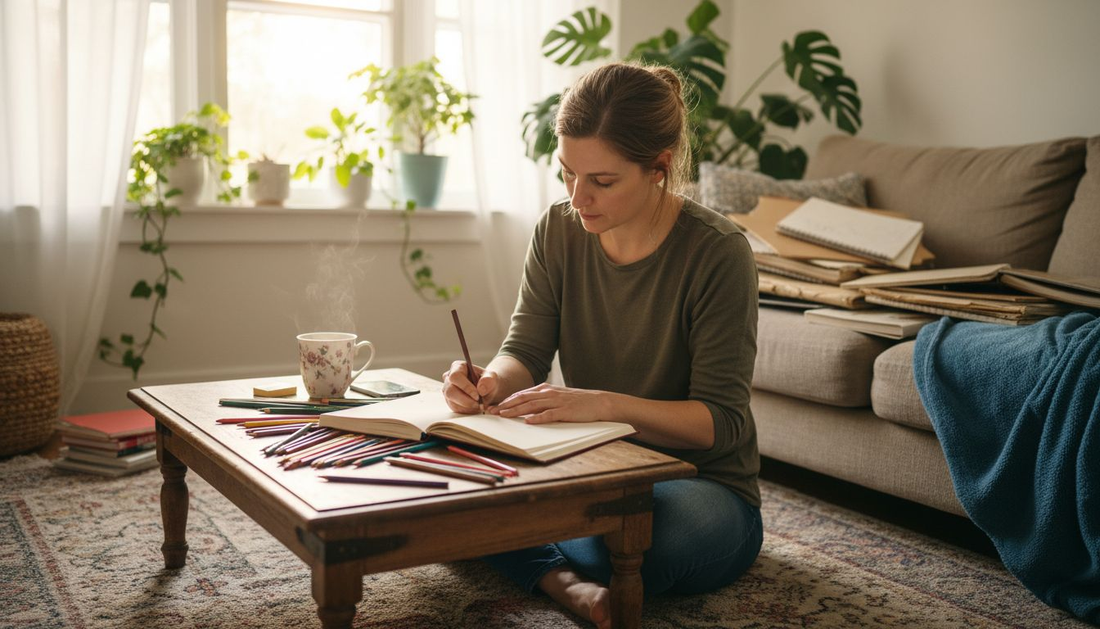 Woman sketching in healing art journal