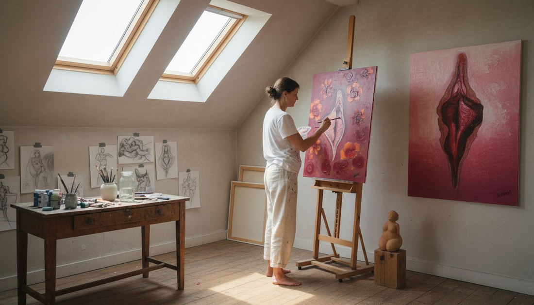 Artist painting in attic studio with sunlight