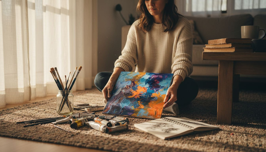 Woman arranging art in sunlit living room