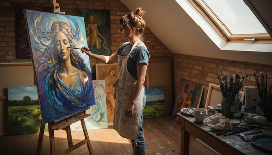 Female artist painting colorful goddess portrait