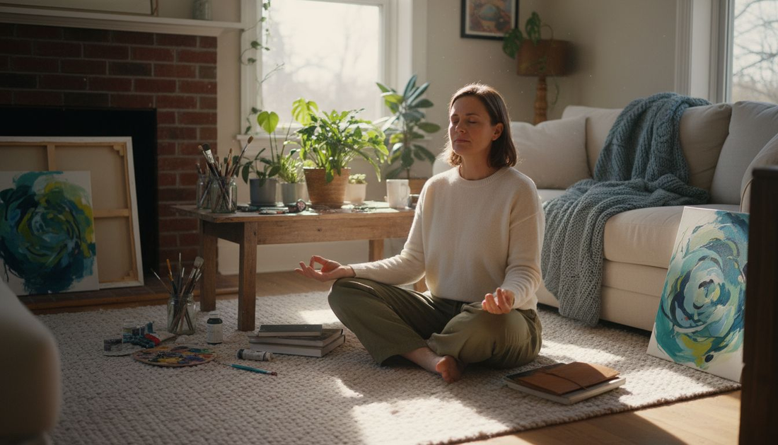 Woman meditating near plants in sunlit room