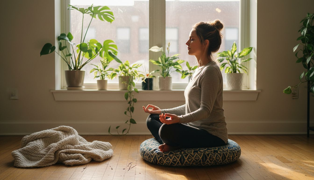 Woman meditating by window with plants