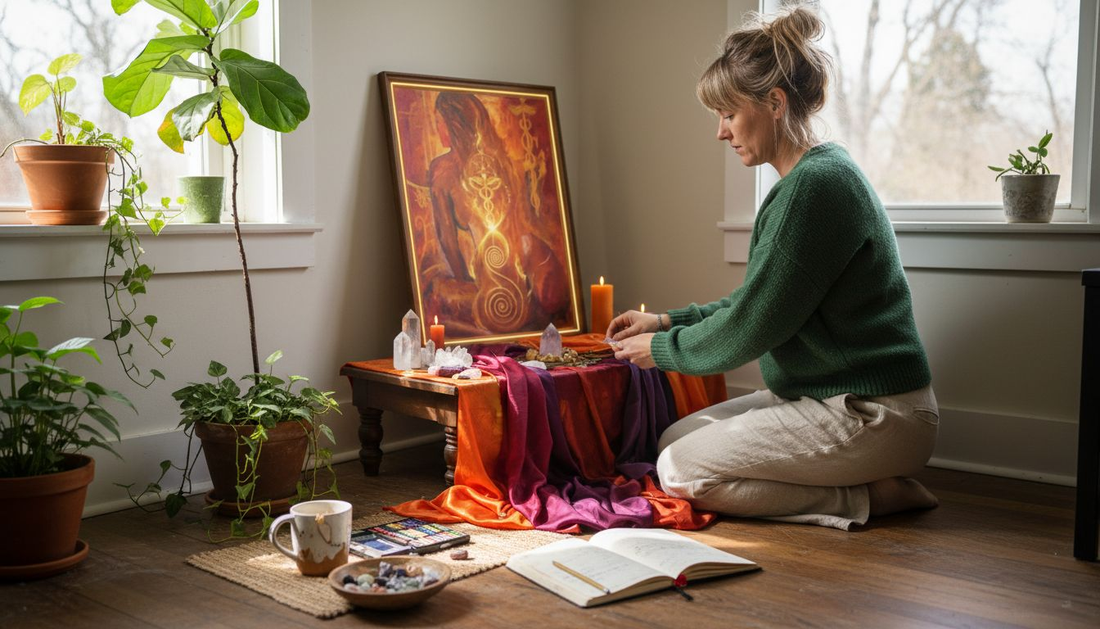 Woman creating sacred healing art corner