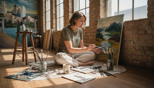 Artist painting sacred mural in sunlit studio
