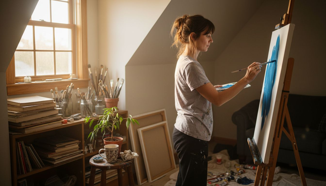 Woman painting in sunlit attic studio
