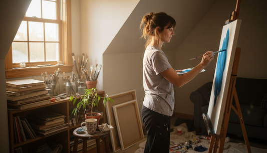 Woman painting in sunlit attic studio