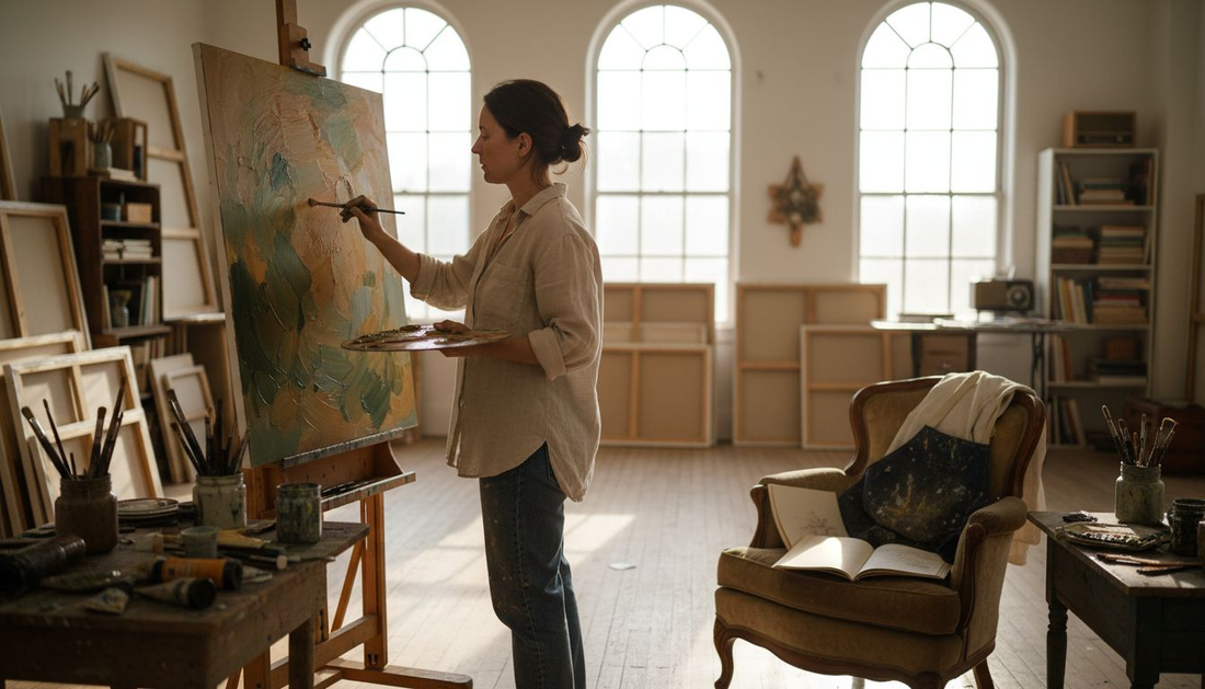 Artist at easel in sunlit painting studio