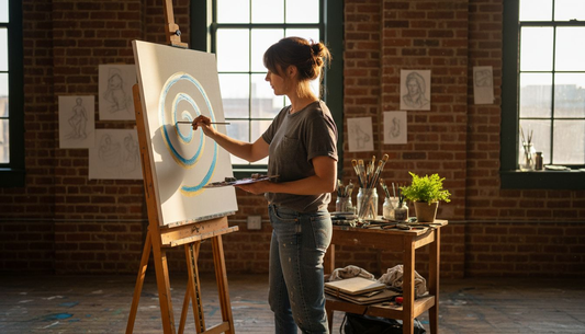 Artist painting spiritual symbol in sunlit studio