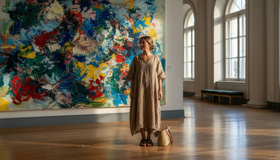 Woman viewing art in peaceful gallery space